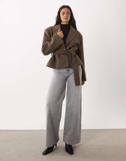 Gina Tricot herringbone short coat in deep taupe brown, 3 of 4