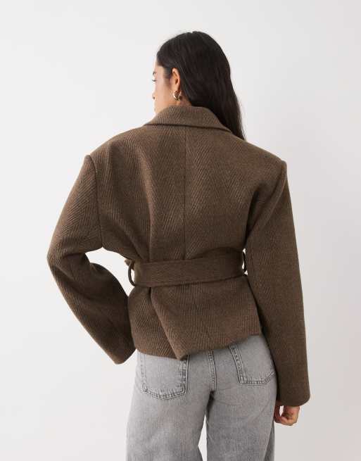 Gina Tricot herringbone short coat in deep taupe brown, 4 of 4