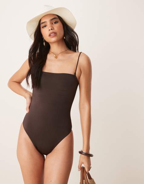 Gina Tricot high leg swimsuit with twisted double strap detail in brown - view 1