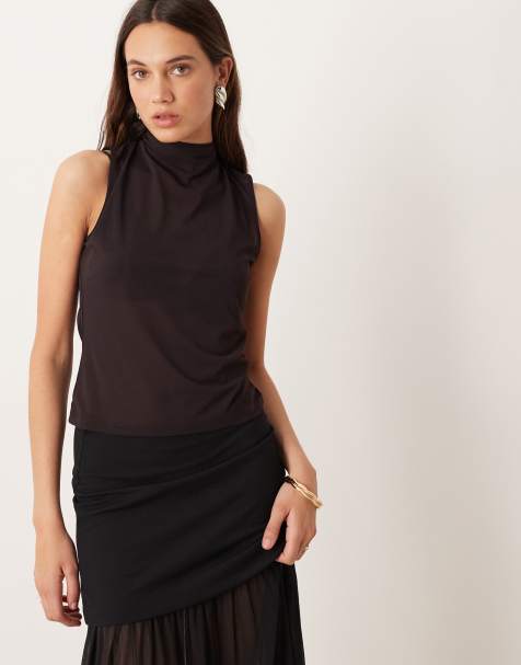 Gina Tricot high neck back scarf top in brown - view 1