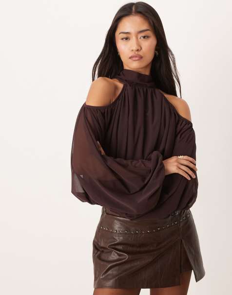 Gina Tricot high neck cold shoulder blouse in chocolate brown - view 1