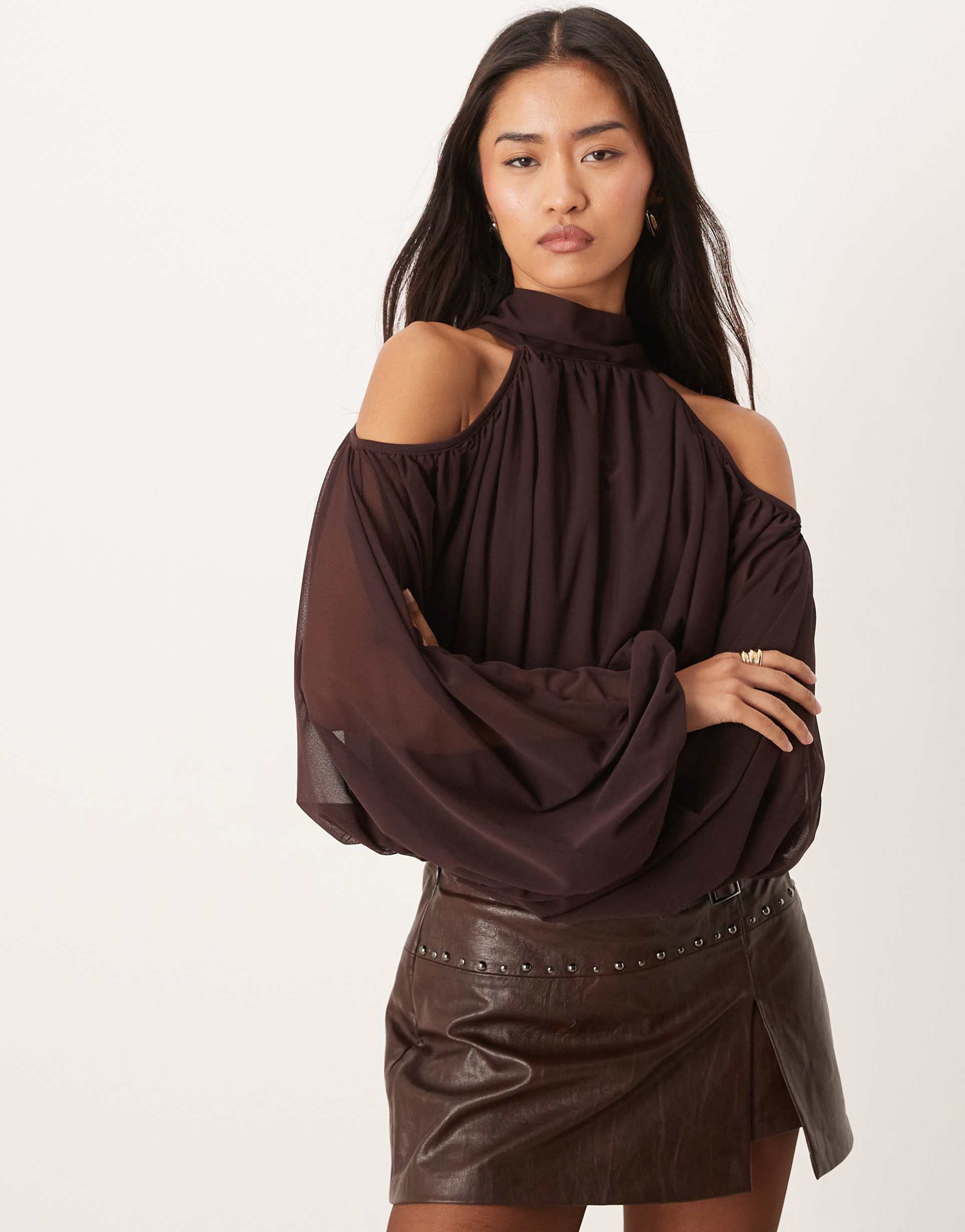 gina tricot high neck cold shoulders blouse in chocolate brown