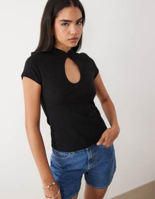 Gina Tricot high neck keyhole top in black