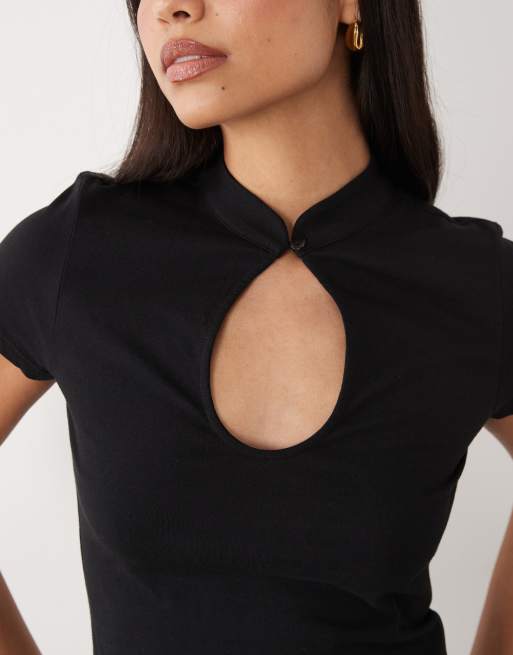 Gina Tricot high neck keyhole top in black, 3 of 4