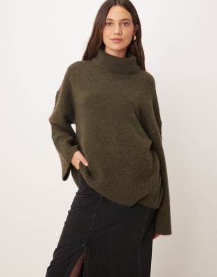 Gina Tricot High Neck Long Sleeve Knit Wool Alpaca Sweater In Green