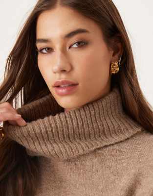 Gina Tricot High Neck Long Sleeve Knitted Wool Alpaca Sweater In Brown