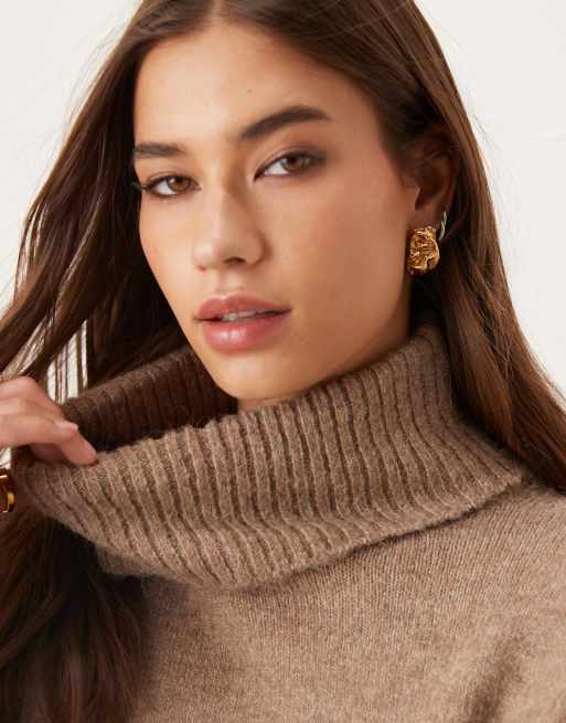 Gina Tricot high neck long sleeve knitted wool alpaca sweater in beige melange