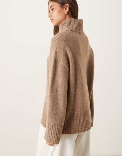 Gina Tricot high neck long sleeve knitted wool alpaca sweater in beige melange