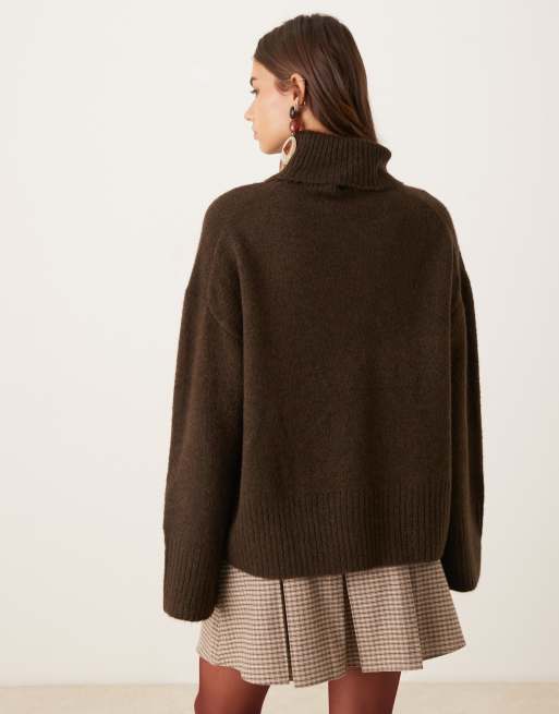 Gina Tricot high neck long sleeve knitted wool alpaca sweater in dark brown