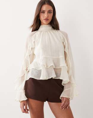 Gina Tricot high neck long sleeve ruffle blouse in off white