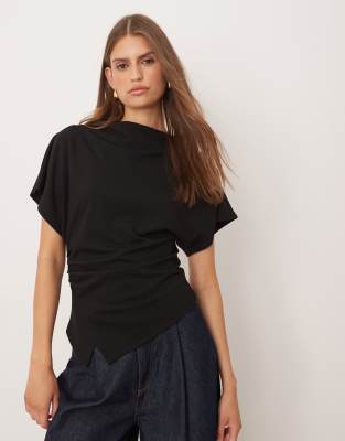 Gina Tricot High Neck Long Wide Sleeve Draped Top In Black