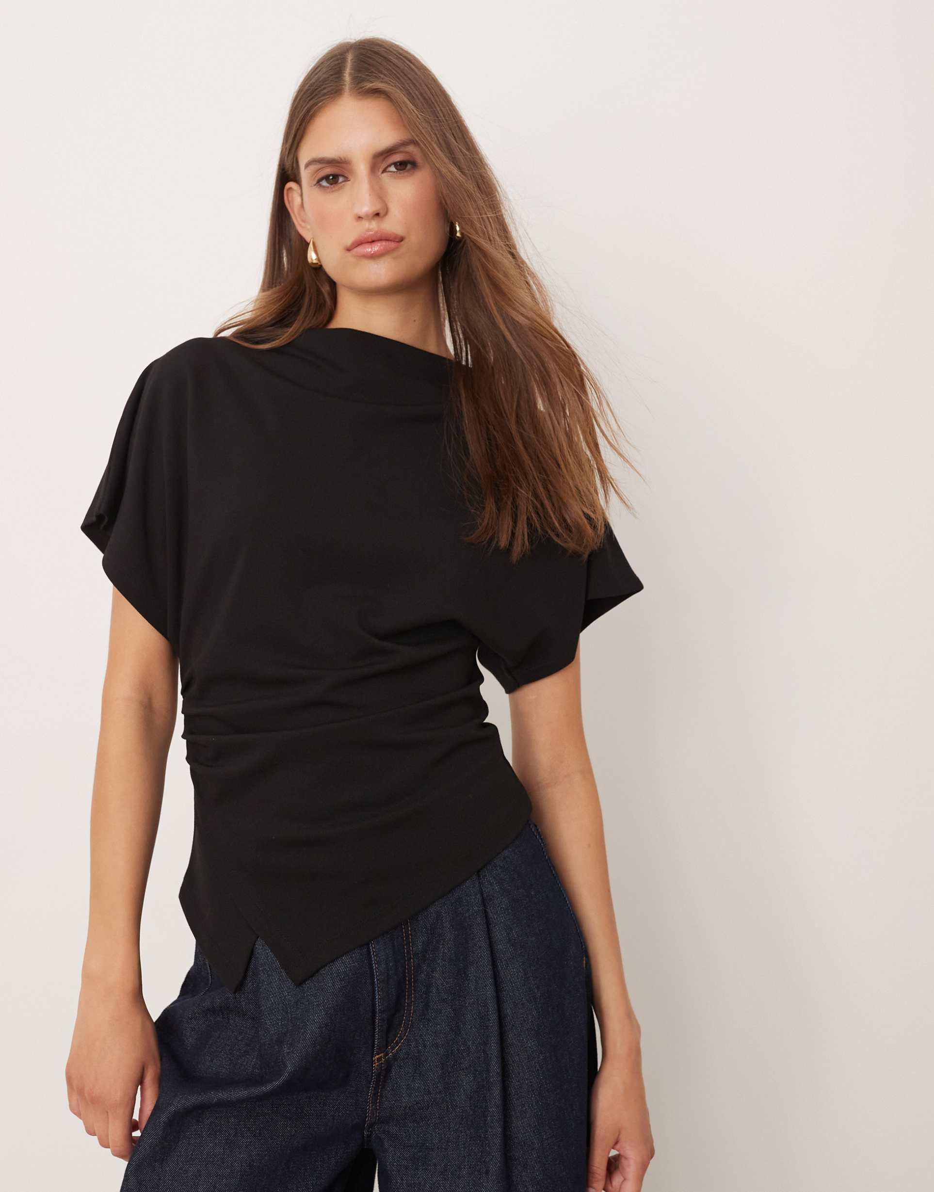 gina tricot high neck long wide sleeve draped top in black