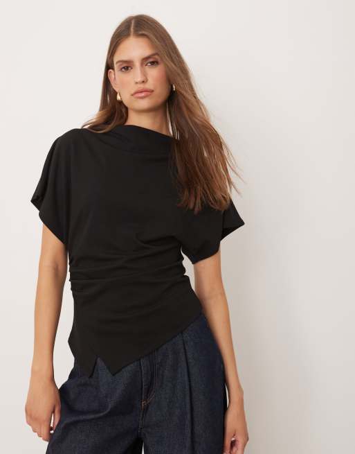 Gina Tricot high neck long wide sleeve drapey top in black