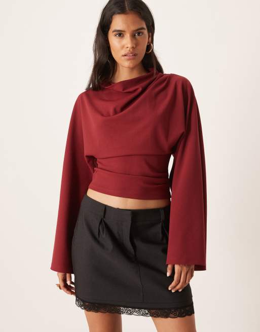 Gina Tricot high neck long wide sleeve drapey top in pomegranate red