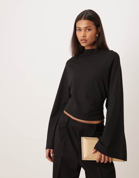 Gina Tricot high neck long wide sleeve drapy top in black - view 1