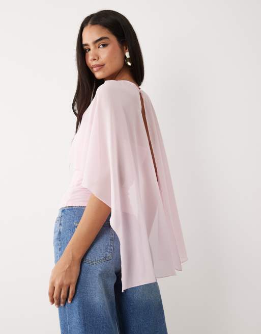 Gina Tricot high neck mesh cape top in pink, 3 of 4