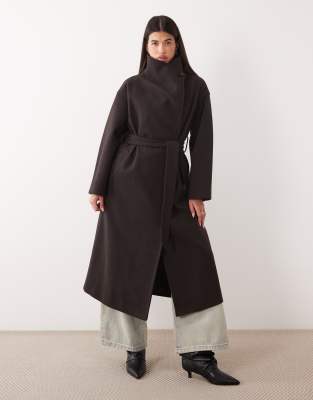 Gina Tricot High Neck Midi Coat With Wool In Brown