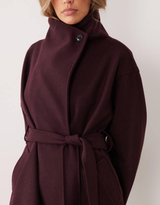 Gina Tricot high neck midi coat with wool in deep plum burgundy, 3 of 4
