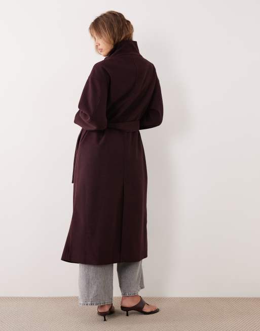Gina Tricot high neck midi coat with wool in deep plum burgundy, 4 of 4