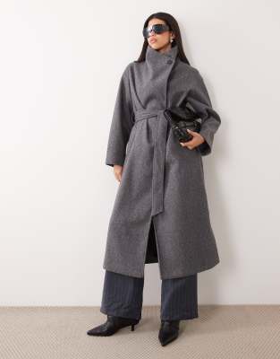 Gina Tricot High Neck Midi Coat With Wool In Gray