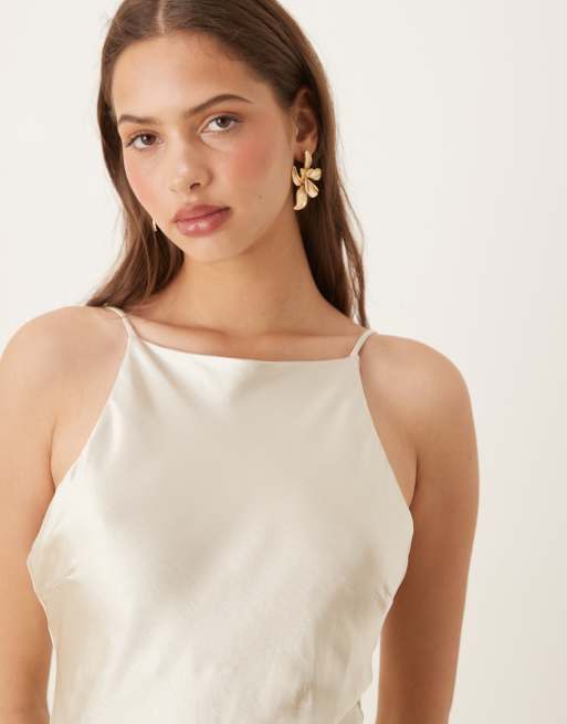 Gina Tricot high neck midi satin dress in light gold