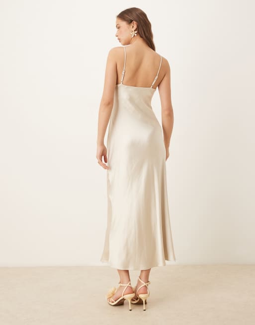 Gina Tricot high neck midi satin dress in light gold