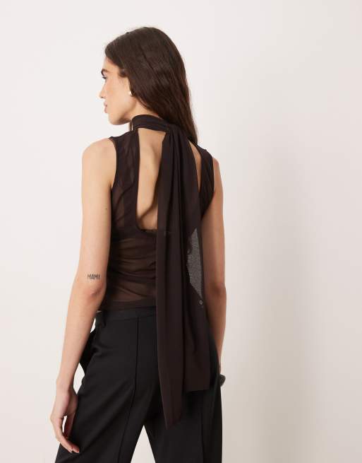 Gina Tricot high neck open tie back sheer scarf top in dark brown, 2 of 4