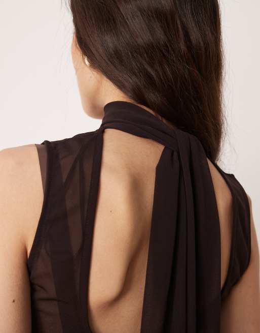 Gina Tricot high neck open tie back sheer scarf top in dark brown, 3 of 4
