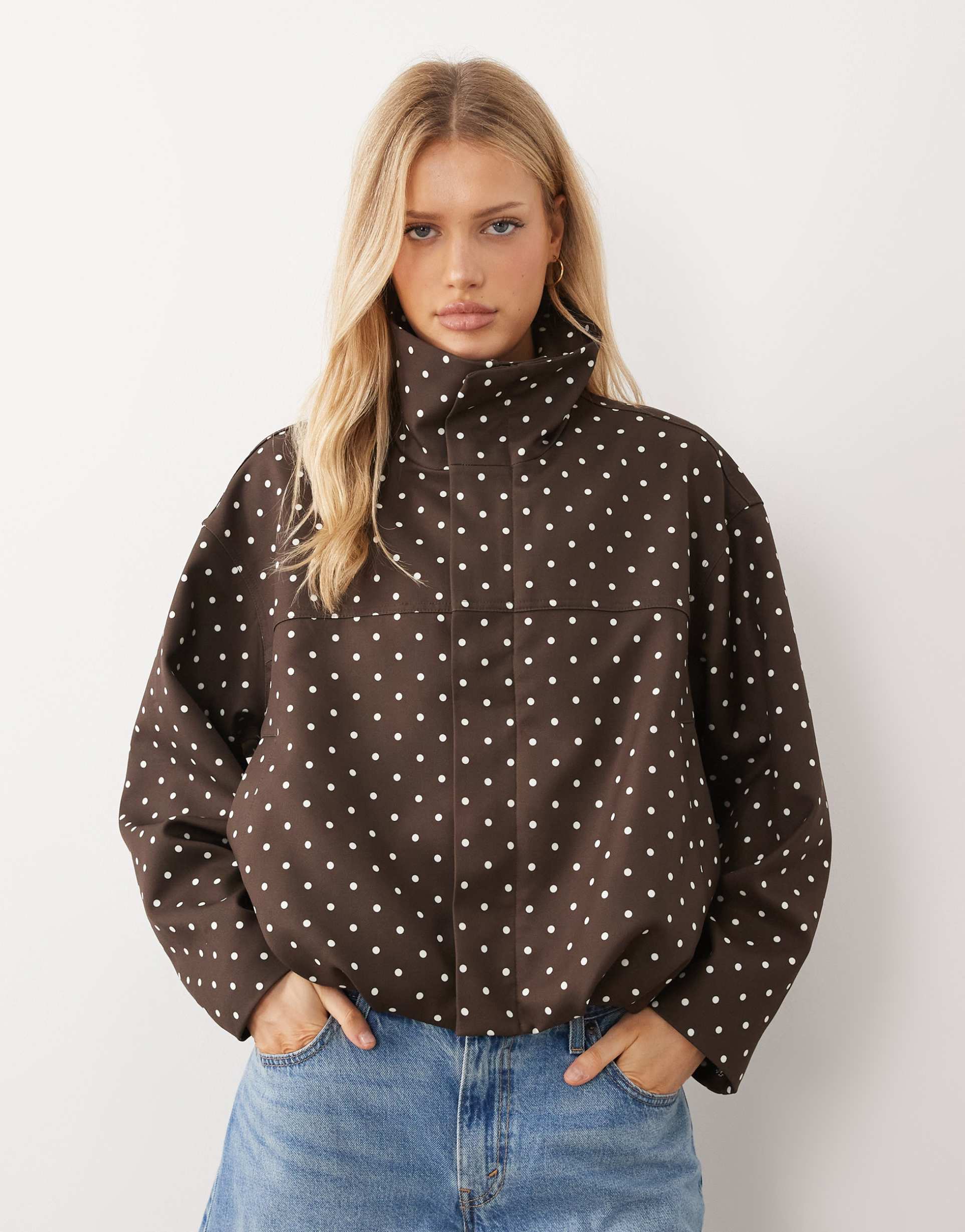 gina tricot high neck polka dot short jacket in brown polka dot
