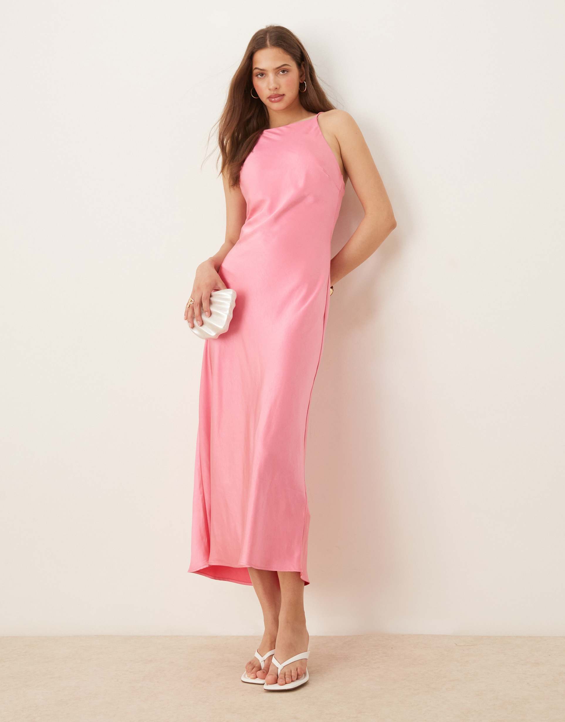 gina tricot high neck satin midi dress in pink