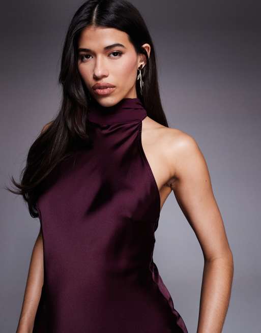 Gina Tricot high neck shawl satin maxi dress with open back in dark burgundy