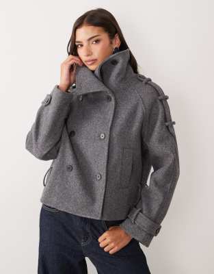 Gina Tricot High Neck Short Jacket With Wool In Gray