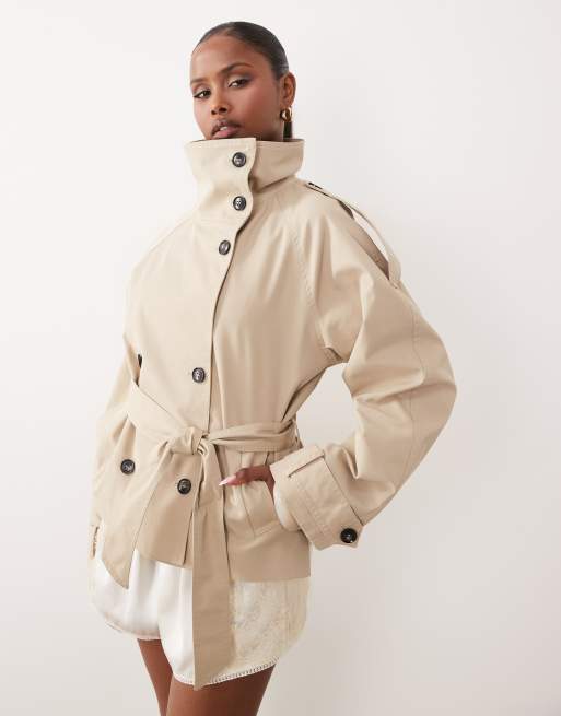 Gina Tricot high neck trench jacket in dark beige , 3 of 4