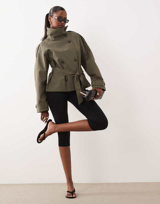 Gina Tricot high neck trench jacket in khaki green | ASOS