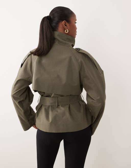 Gina Tricot high neck trench jacket in khaki green | ASOS