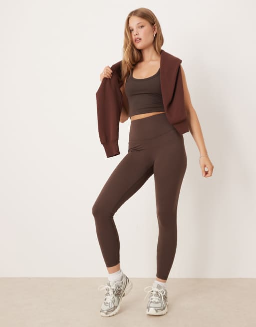 Gina Tricot high waist ruched yoga leggings tights in dark brown - part of a set