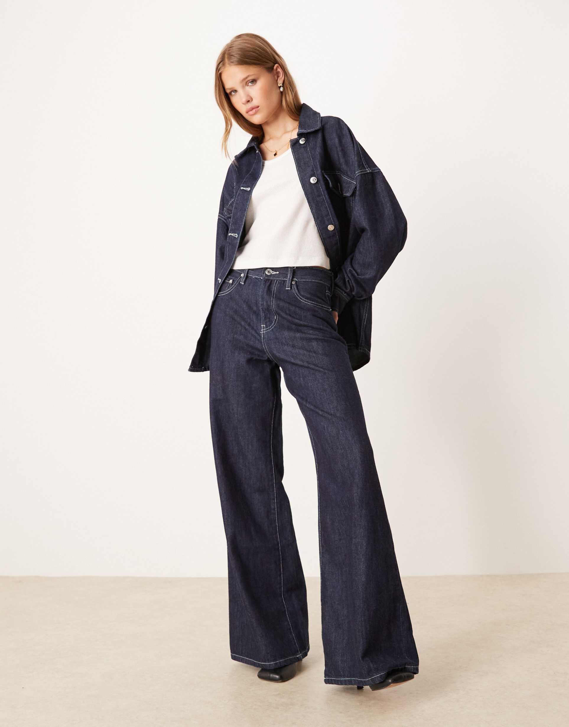 gina tricot high waist wide leg jeans in dark wash indigo blue - part of a set