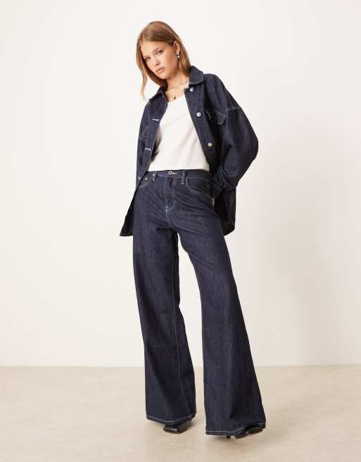 Gina Tricot high waist wide leg jeans in darkwash indigo blue (Part of a set)