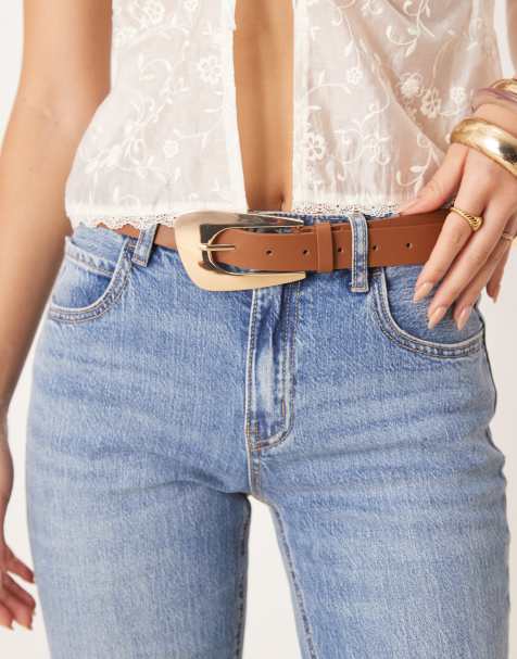 Gina Tricot hip belt with gold buckle in brown - view 1