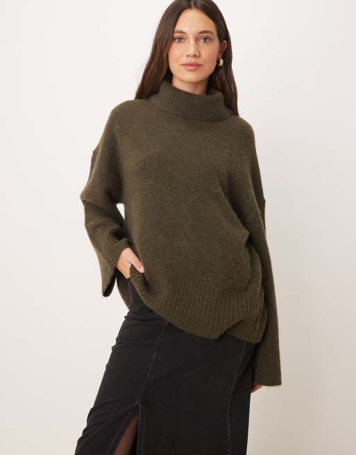 Gina Tricot - Hoogsluitende gebreide sweater met lange mouwen van wol en alpaca in donkergroen