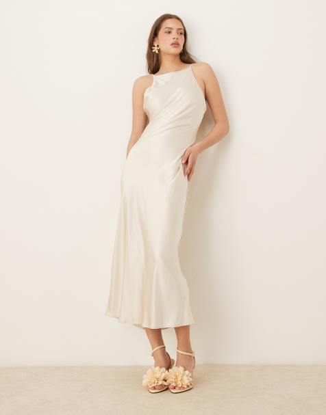 Gina Tricot - Hoogsluitende maxi-jurk van satijn in licht goud - view 1