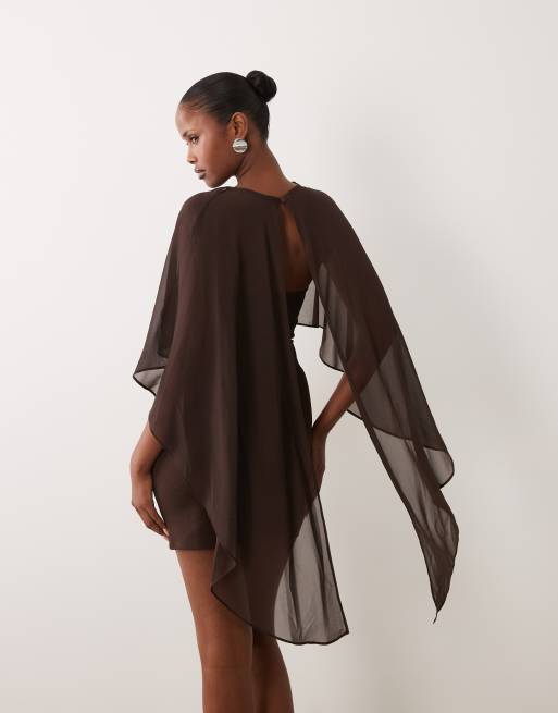Gina Tricot hoogsluitende mesh cape mini-jurk in donkerbruin, 2 van 4