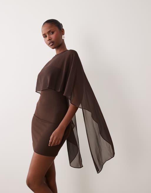 Gina Tricot hoogsluitende mesh cape mini-jurk in donkerbruin, 3 van 4