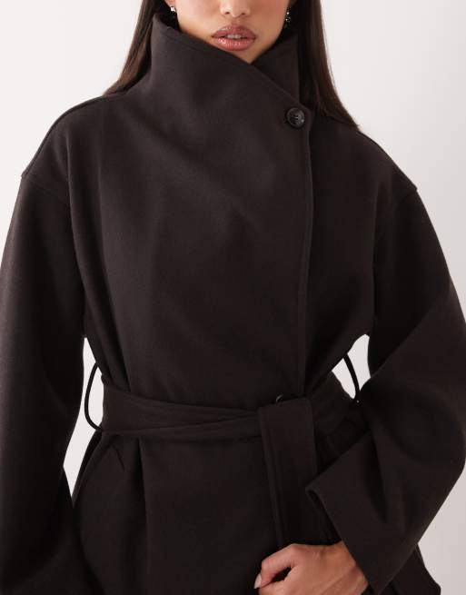Gina Tricot hoogsluitende midi-jas met wol in bruin, 3 van 4