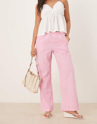 Gina Tricot - Hose aus Leinen in Rosa gestreift mit weitem Bein und Kordelzug