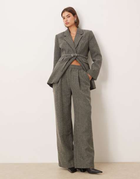 Gina Tricot – Hose in Grau mit mittelhohem Bund und Fischgrätmuster, Kombiteil - view 1