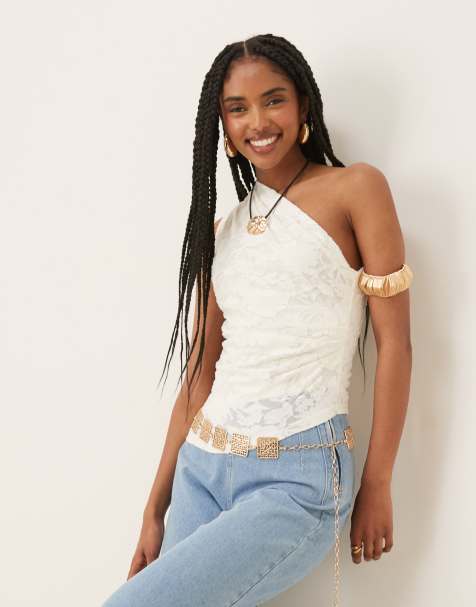 Gina Tricot - Hvid offshoulder-top med korte ærmer og asymmetrisk sømkant i jacquard - view 1
