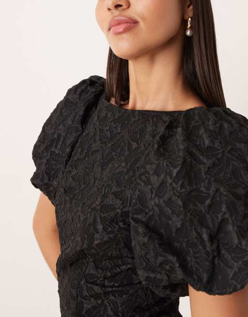 Gina Tricot – Jacquard-Minikleid in Schwarz mit Puffärmeln, 4 von 4