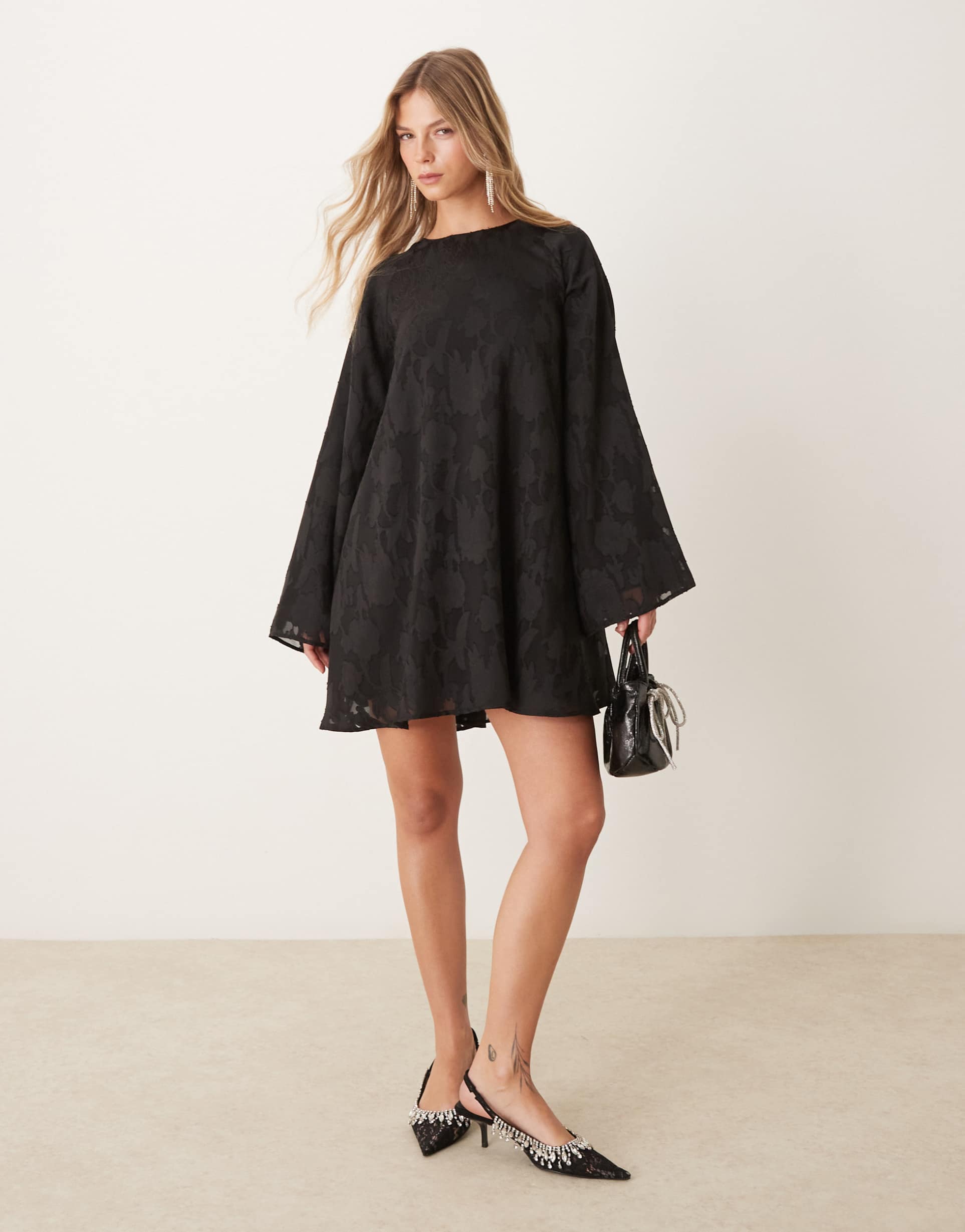 gina tricot jacquard sheer mini swing dress with satin bow back detail in black