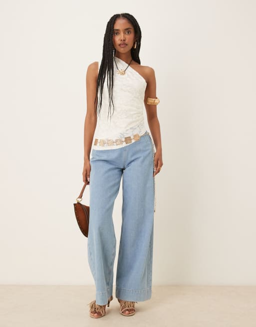 Gina Tricot jacquard short sleeve off shoulder top with asymmetric hem in white, 3 of 4